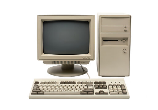 Vintage computer setup featuring monitor, keyboard, and tower in beige color scheme - Powered by Adobe