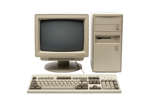 Vintage computer setup featuring monitor, keyboard, and tower in beige color scheme