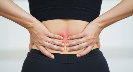 Woman Holding Lower Back in Pain with Red Glow on Lumbar Area, Back pain, Lower back pain, Lumbar pain