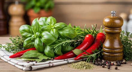 Fresh Herbs and Chili Peppers with Pepper Grinder, Basil, Red pepper, Rosemary