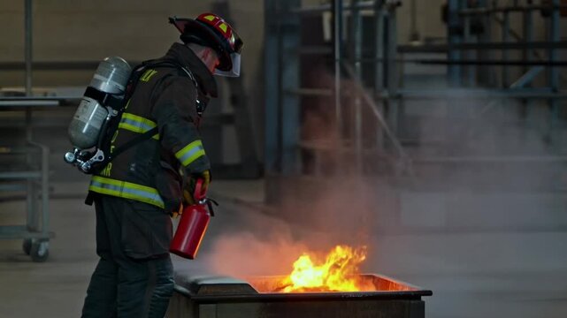 A firefighter in action extinguishing a fire with a fire extinguisher Stock Video