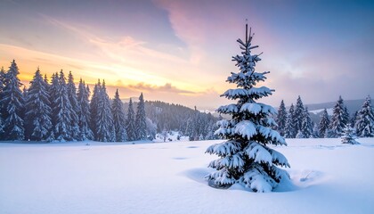 A serene winter scene with snow-covered evergreens under a vibrant sunrise sky, creating a peaceful, cold landscape