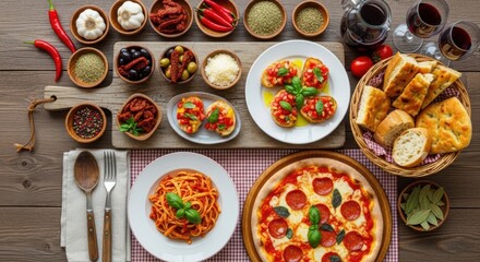 Italian Feast Pizza, Pasta, Bruschetta and Wine with Ingredients, Italian food, Spaghetti, Tomatoes
