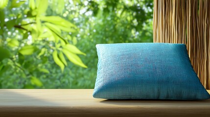 Turquoise Pillow on Wooden Surface with Blurry Green Background