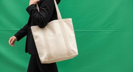 Person in black blazer carrying a canvas tote bag against a green background, Woman, Canvas bag, Fabric bag