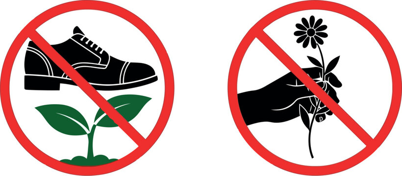 Prohibition signs for not wearing shoes on plants and not picking flowers symbol no shoes on transparent background