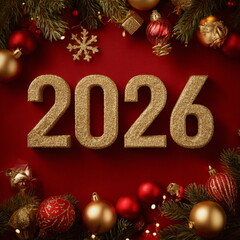 Golden 2026 numbers shine on a bright red Christmas background filled with ornaments and snowflakes. Warm bokeh and festive details create a joyful holiday scene full of seasonal spirit and sparkle.