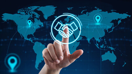 Global business deal concept with partnership handshake and world map, connecting people, a modern solution to globalized business and networking