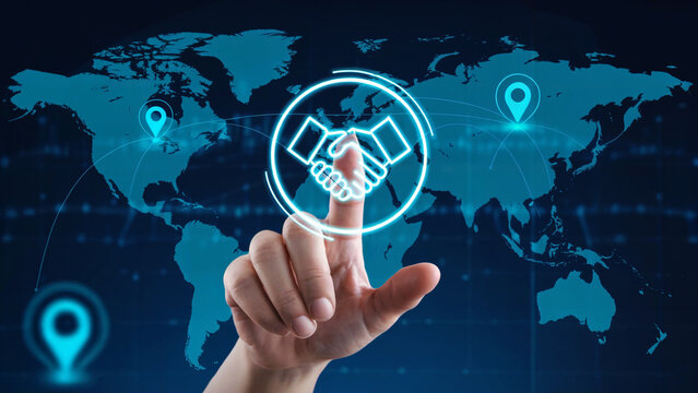 Global business deal concept with partnership handshake and world map, connecting people, a modern solution to globalized business and networking