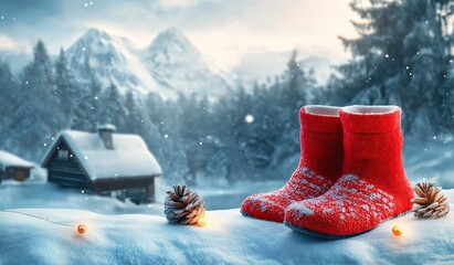 Red Christmas themed knitted booties on snow with cozy house and pine cones in winter mountain landscape background