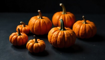 Spooky Spider Pumpkin Arrangement A still life arrangement of small, round, orange pumpkins on a dark, textured surface. Each pumpkin is subtly decorated with black, stylized spider shapes and