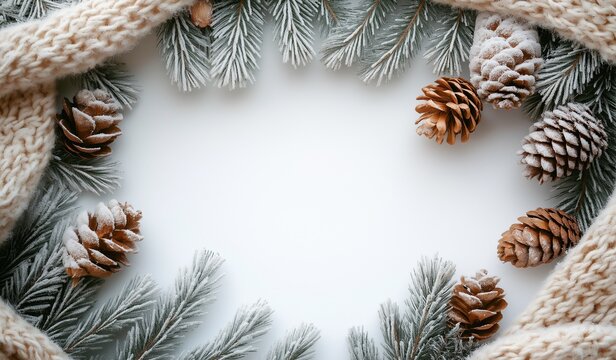 White background with knitted border pine cones and snow covered fir branches in center creating elegant winter themed composition - Powered by Adobe