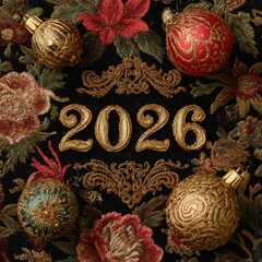 Gold 2026 numbers stand out against a dark elegant background with sparkling ornaments. Rich textures and warm reflections create a luxurious festive Christmas and New Year atmosphere full of shine.