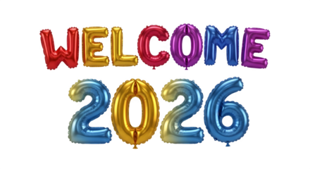 Colorful metallic foil balloons spelling welcome 2026 new year.