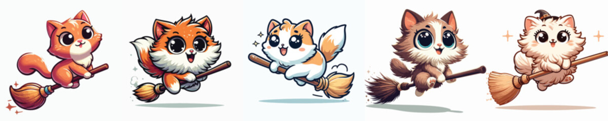 vector image cat a using broomstick with white background