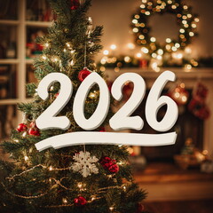 Warm Christmas tree lights glow softly behind bold white 2026 numbers, creating a festive holiday mood. Golden ornaments, cozy bokeh and evergreen branches add depth, magic and warmth to the scene.
