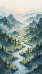A serene landscape painting of a winding river flowing through misty evergreen mountains at sunrise.
