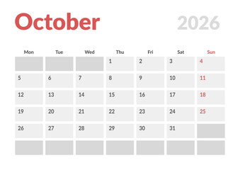 Monthly page Calendar Planner Template design of October 2026. Vector layout of calendar with week start Monday for Scheduling. Page for size A4 or 21x29.7 cm