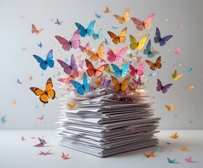 A surreal image of colorful butterflies flying out of a tall stack of papers symbolizing creativity and freedom.