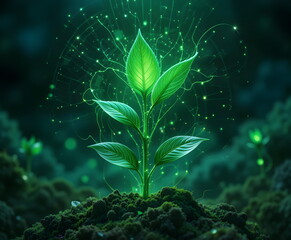 A futuristic glowing green plant emerging from moss and surrounded by digital light particles.
