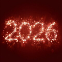 Warm glowing lights shape the number 2026 on a rich red background, creating a cozy festive atmosphere. Perfect for Christmas ads, New Year cards, holiday banners and seasonal creative projects.