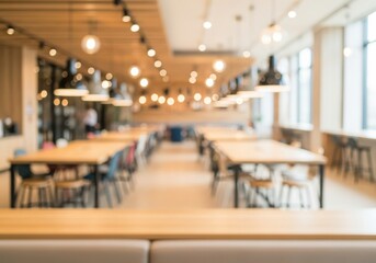 Blurred coworking area with pendant light and communal table
