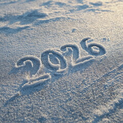 Snowy surface with the number 2026 carved into fresh white snow, creating a clean winter mood. Perfect for New Year themes, holiday banners, Christmas designs and seasonal advertising concepts.