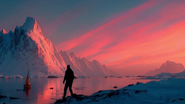 Silhouette walking by snowy mountains under sunset sky