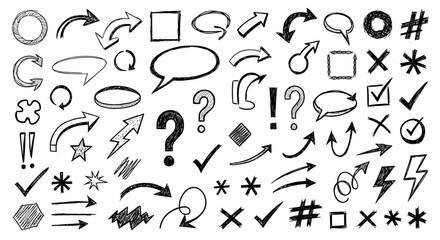 Collection of hand drawn doodle icons and symbols including arrows speech bubbles question marks and checkmarks