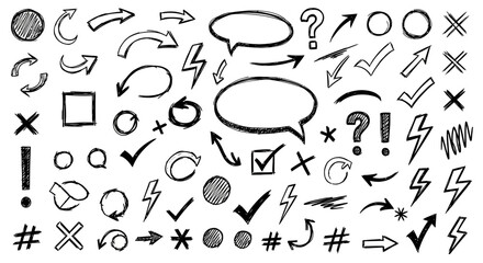 Collection of hand drawn doodle icons and symbols including arrows speech bubbles question marks and checkmarks