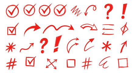 Collection of red hand drawn checkmarks question marks exclamation marks arrows and boxes on white background