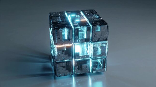 A 3x3 cube structure composed of glowing blue glass or crystal blocks with a reflective surface suitable for various applications, set against a dark background with subtle lighting effects.