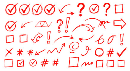 Collection of hand drawn red marks checkmarks question marks arrows and symbols on white background