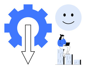 Gear with downward arrow, happy face, and woman with laptop on bar chart. Ideal for workflow, productivity, growth, teamwork, success innovation and goal achievement. Simple flat metaphor