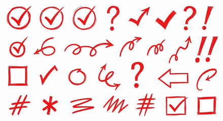 Collection of red hand drawn checkmarks question marks arrows and symbols on white background