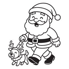 Obraz premium Cheerful Santa walking a happy dog in reindeer costume during a holiday stroll. Black and white cartoon vector illustration.