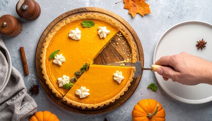 Delicious Pumpkin Pie with Whipped Cream Ready to Serve.