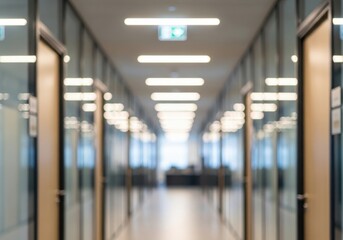 Blurred modern office hallway with glass panel and overhead light