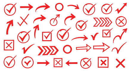 Collection of red hand drawn check marks arrows circles x marks and square boxes on white background