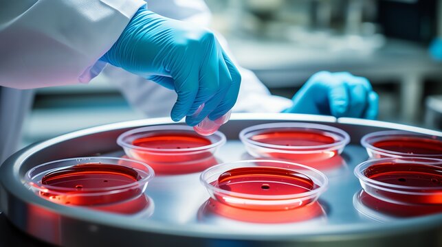 Scientist working with petri dishes in lab. - Powered by Adobe