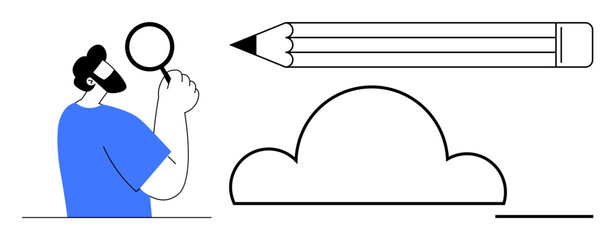 Man holding magnifying glass near cloud and pencil, symbolizing ideas, research, creativity, brainstorming, education, analysis, and innovation. Ideal for simple flat metaphor