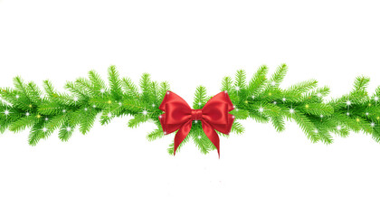 Festive Pine Garland with Red Bow and White Fairy Lights Transparent PNG