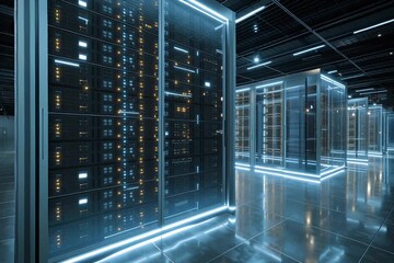 his showcases a high-tech data center filled with glowing server racks and sleek architecture. The modern design emphasizes efficiency and advanced data management systems - Powered by Adobe