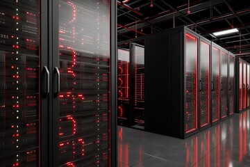 his showcases a high-tech data center filled with glowing server racks and sleek architecture. The modern design emphasizes efficiency and advanced data management systems - Powered by Adobe