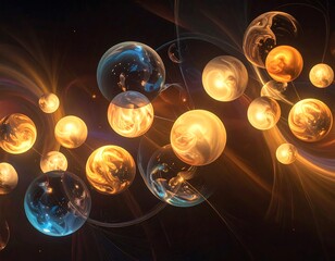 A vibrant abstract composition features numerous spherical orbs in warm hues of gold, orange, and blue against a dark space