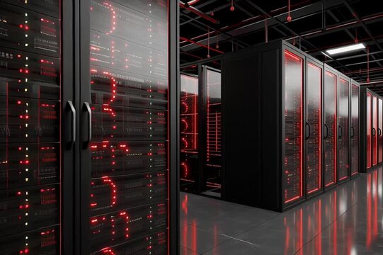 his showcases a high-tech data center filled with glowing server racks and sleek architecture. The modern design emphasizes efficiency and advanced data management systems - Powered by Adobe