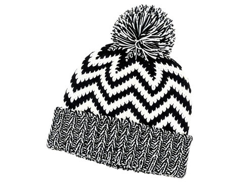 Black and white zigzag knit winter hat with pom pom isolated on transparent background