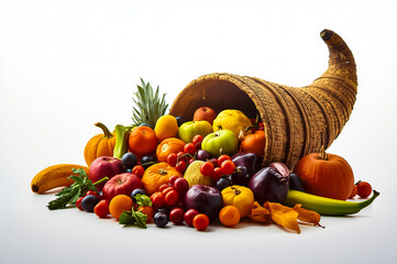 A cornucopia of fruits and vegetables on a white background, symbolizing abundance and harvest, perfect for thanksgiving celebrations..
