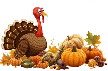 A cartoon turkey with agricultural products, berries  and pumpkins, isolated on white background.