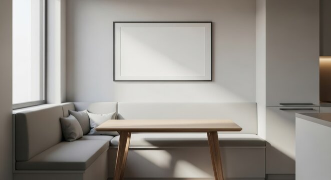 Modern minimalist dining nook with neutral colors and natural light in contemporary home interior